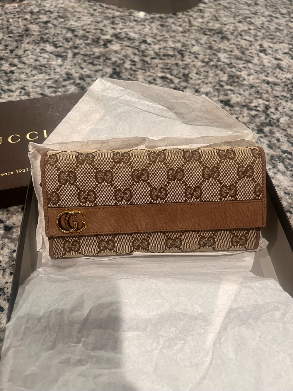 Gucci Beige GG Supreme Continental Wallet with Brown Leather Trim